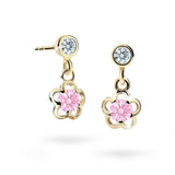 Dětské visací náušnice Danfil kytičky C1945 ze žlutého zlata s kamínkem Pink, zapínání balónek