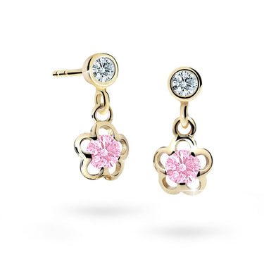 Dětské visací náušnice Danfil kytičky C1945 ze žlutého zlata s kamínkem Pink, zapínání balónek