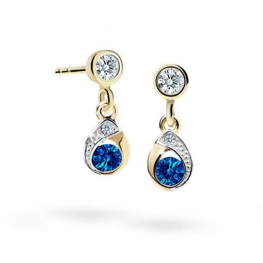 Dětské visací náušnice Danfil kapky C1898 ze žlutého zlata s kamínkem Dark Blue, zapínání balónek