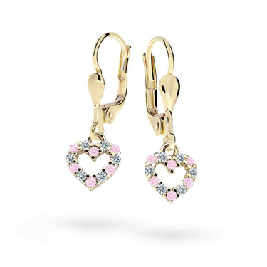 Dětské visací náušnice Danfil srdíčka C2157 ze žlutého zlata s kamínky Pink, zapínání klapka
