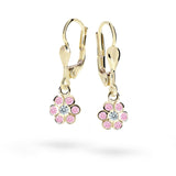Dětské visací náušnice Danfil kytičky C1737 ze žlutého zlata s kamínky Pink, zapínání klapka