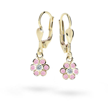 Dětské visací náušnice Danfil kytičky C1737 ze žlutého zlata s kamínky Pink, zapínání klapka