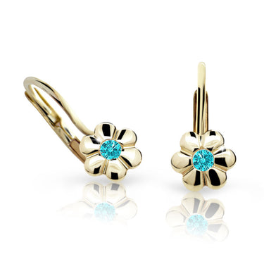 Dětské náušnice Danfil kytičky C1736 ze žlutého zlata s kamínkem Mint Green, zapínání klapka