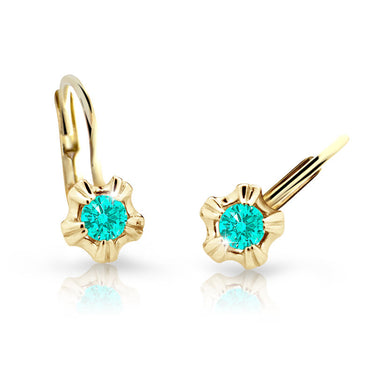 Dětské náušnice Danfil C2158 ze žlutého zlata s kamínkem Mint Green, zapínání klapka