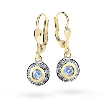 Dětské visací náušnice Danfil C2400 ze žlutého zlata s kamínkem Arctic Blue, zapínání klapka