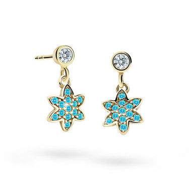 Dětské visací náušnice Danfil kytičky C2206 ze žlutého zlata s kamínky Mint Green, zapínání balónek