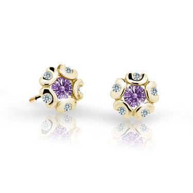 Dětské náušnice Danfil kytičky C2178 ze žlutého zlata s kamínkem Amethyst, zapínání balónek