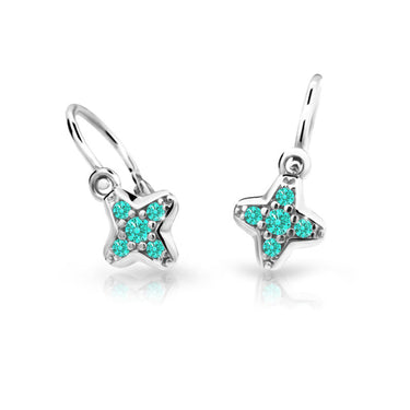 Dětské náušnice Danfil hvězdičky C2266 z bílého zlata s kamínky Mint Green, zapínání brizura