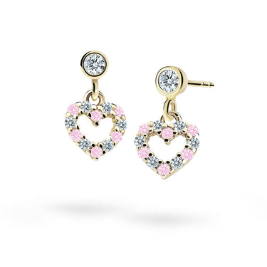 Dětské visací náušnice Danfil srdíčka C2157 ze žlutého zlata s kamínky Pink, zapínání balónek