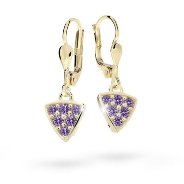 Dětské visací náušnice Danfil C2207 ze žlutého zlata s kamínky Amethyst, zapínání klapka