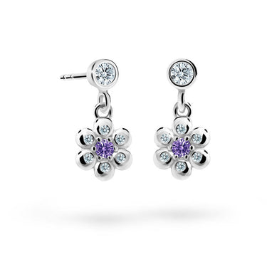 Dětské visací náušnice Danfil kytičky C2247 z bílého zlata s kamínkem Amethyst, zapínání puzeta
