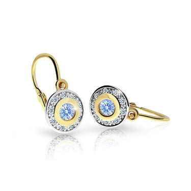 Dětské náušnice Danfil C2400 ze žlutého zlata s kamínkem Arctic Blue, zapínání brizura