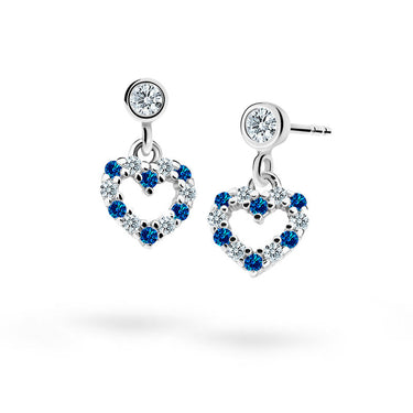 Dětské visací náušnice Danfil srdíčka C2157 z bílého zlata s kamínky Dark Blue, zapínání balónek