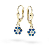 Dětské visací náušnice Danfil kytičky C1737 ze žlutého zlata s kamínky Dark Blue, zapínání klapka