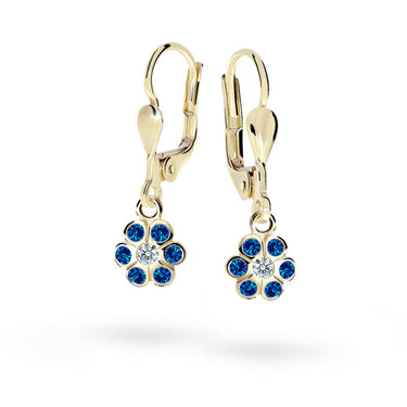 Dětské visací náušnice Danfil kytičky C1737 ze žlutého zlata s kamínky Dark Blue, zapínání klapka