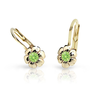 Dětské náušnice Danfil kytičky C2151 ze žlutého zlata s kamínkem Peridot Green, zapínání klapka