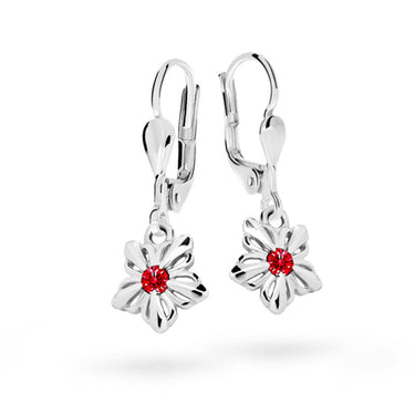 Dětské visací náušnice Danfil kytičky C2238 z bílého zlata s kamínkem Ruby Dark, zapínání klapka