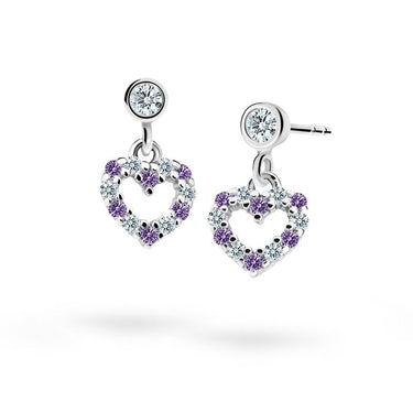 Dětské visací náušnice Danfil srdíčka C2157 z bílého zlata s kamínky Amethyst, zapínání balónek