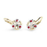 Dětské náušnice Danfil kytičky C2230 ze žlutého zlata s kamínky Ruby Dark, zapínání klapka