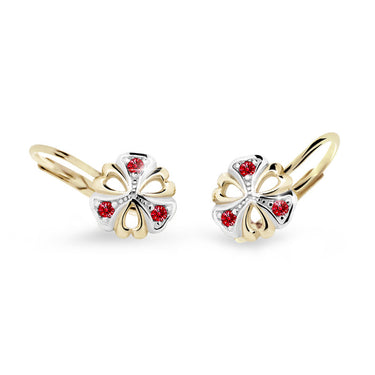 Dětské náušnice Danfil kytičky C2230 ze žlutého zlata s kamínky Ruby Dark, zapínání klapka