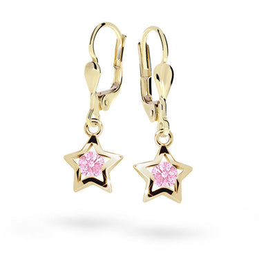 Dětské visací náušnice Danfil hvězdičky C1942 ze žlutého zlata s kamínkem Pink, zapínání klapka