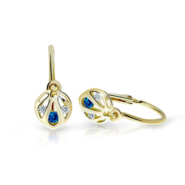 Dětské náušnice Danfil C2265 ze žlutého zlata s kamínkem Dark Blue, zapínání brizura