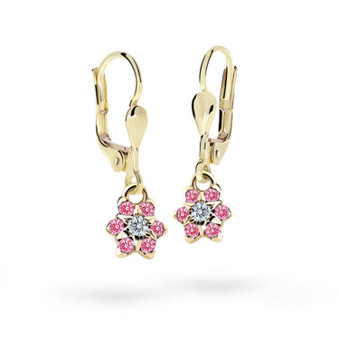 Dětské visací náušnice Danfil kytičky C2152 ze žlutého zlata s kamínky Tcf Red, zapínání klapka