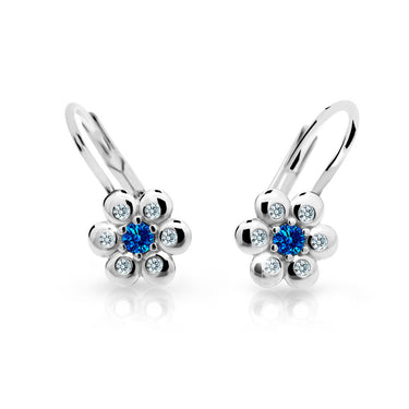 Dětské náušnice Danfil kytičky C2247 z bílého zlata s kamínkem Dark Blue, zapínání klapka
