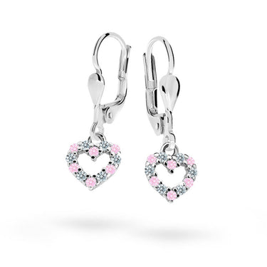 Dětské visací náušnice Danfil srdíčka C2157 z bílého zlata s kamínky Pink, zapínání klapka