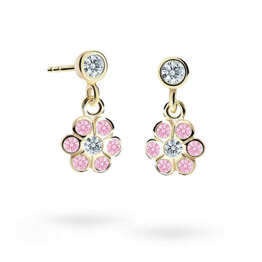 Dětské visací náušnice Danfil kytičky C1737 ze žlutého zlata s kamínky Pink, zapínání balónek