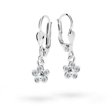 Dětské visací náušnice Danfil kytičky C2744 z bílého zlata s kamínky White, zapínání klapka