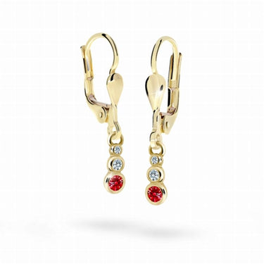 Dětské visací náušnice Danfil C2255 ze žlutého zlata s kamínky Ruby Dark, zapínání klapka