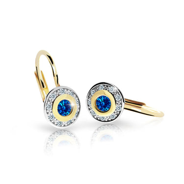 Dětské náušnice Danfil C2400 ze žlutého zlata s kamínkem Dark Blue, zapínání klapka