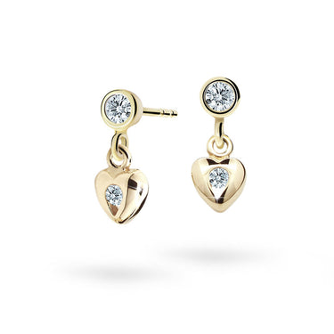 Dětské visací náušnice Danfil srdíčka C1556 ze žlutého zlata s kamínkem White, zapínání balónek