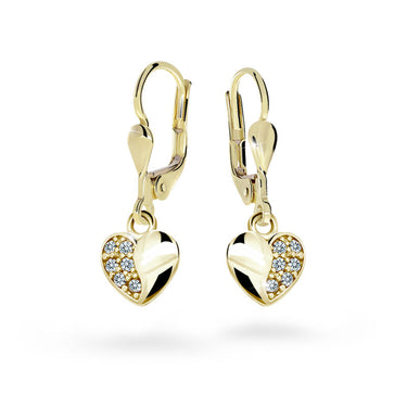 Dětské visací náušnice Danfil srdíčka C2160 ze žlutého zlata s kamínky White, zapínání klapka