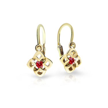 Dětské náušnice Danfil C2258 ze žlutého zlata s kamínkem Ruby Dark, zapínání brizura