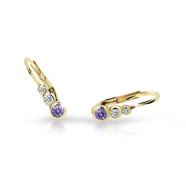 Dětské náušnice Danfil C2255 ze žlutého zlata s kamínky Amethyst, zapínání klapka
