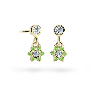 Dětské visací náušnice Danfil kytičky C2152 ze žlutého zlata s kamínky Peridot Green, zapínání balónek
