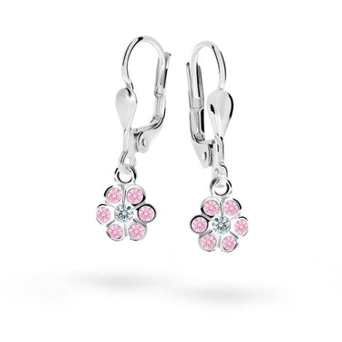 Dětské visací náušnice Danfil kytičky C1737 z bílého zlata s kamínky Pink, zapínání klapka