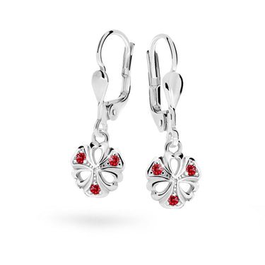 Dětské visací náušnice Danfil kytičky C2230 z bílého zlata s kamínky Ruby Dark, zapínání klapka