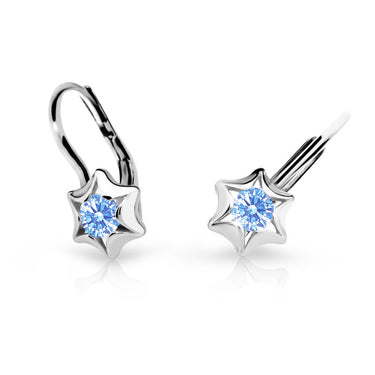 Dětské náušnice Danfil hvězdičky C2159 z bílého zlata s kamínkem Arctic Blue, zapínání klapka