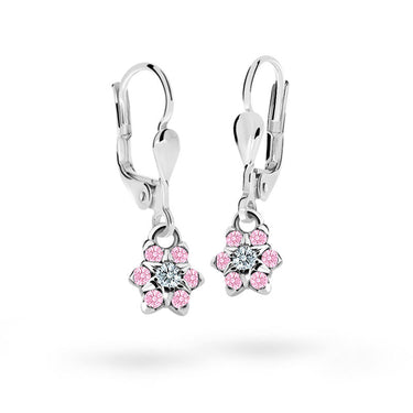 Dětské visací náušnice Danfil kytičky C2152 z bílého zlata s kamínky Pink, zapínání klapka
