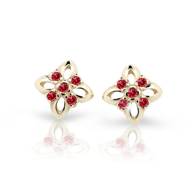 Dětské náušnice Danfil kytičky C2215 ze žlutého zlata s kamínky Ruby Dark, zapínání puzeta