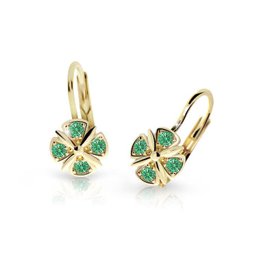 Dětské náušnice Danfil C2245 ze žlutého zlata s kamínky Emerald Green, zapínání klapka