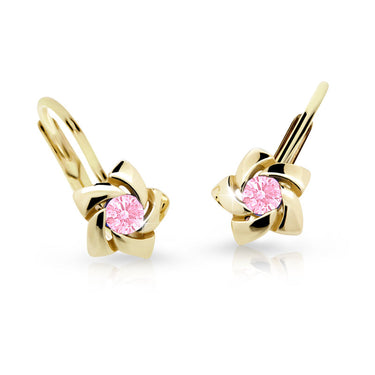 Dětské náušnice Danfil C2201 ze žlutého zlata s kamínkem Pink, zapínání klapka