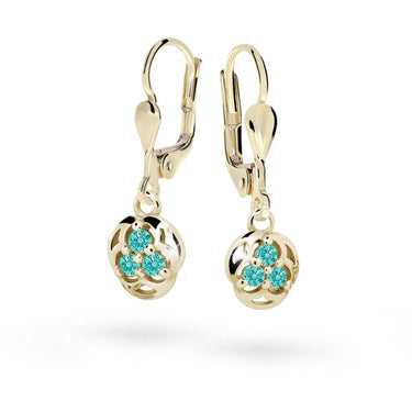 Dětské visací náušnice Danfil C2252 ze žlutého zlata s kamínky Mint Green, zapínání klapka