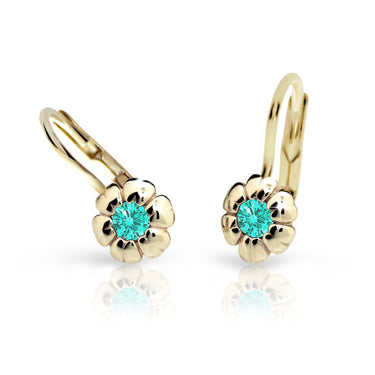 Dětské náušnice Danfil kytičky C2151 ze žlutého zlata s kamínkem Mint Green, zapínání klapka