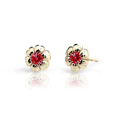 Dětské náušnice Danfil kytičky C2151 ze žlutého zlata s kamínkem Ruby Dark, zapínání balónek