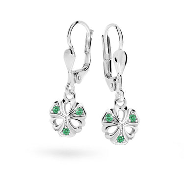 Dětské visací náušnice Danfil kytičky C2230 z bílého zlata s kamínky Emerald Green, zapínání klapka