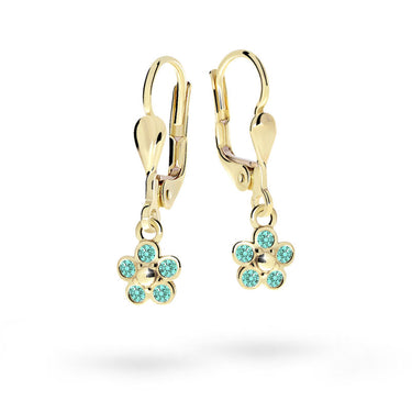 Dětské visací náušnice Danfil kytičky C2744 ze žlutého zlata s kamínky Mint Green, zapínání klapka